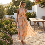 Aurelia | Women Peach Dress With Halter Neck | Maxi