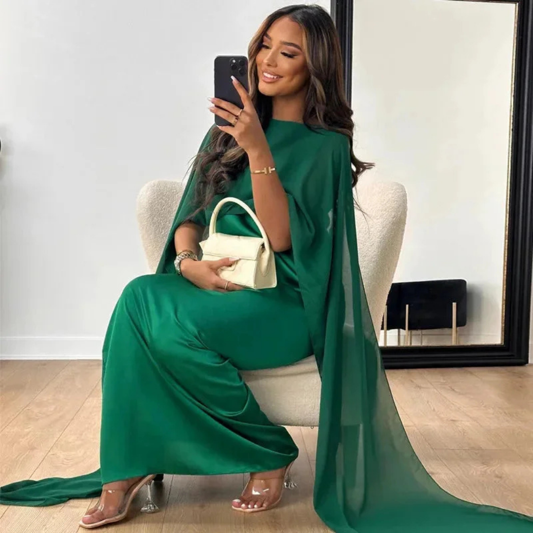 Aurora | Women's Chiffon Cape Sleeve Maxi Wedding Guest Dress