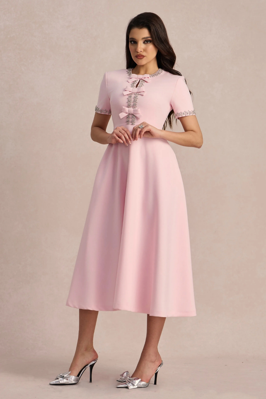 Blossom | Women's Stretch Pink Bow Detail A-Line Midi Cocktail Dress