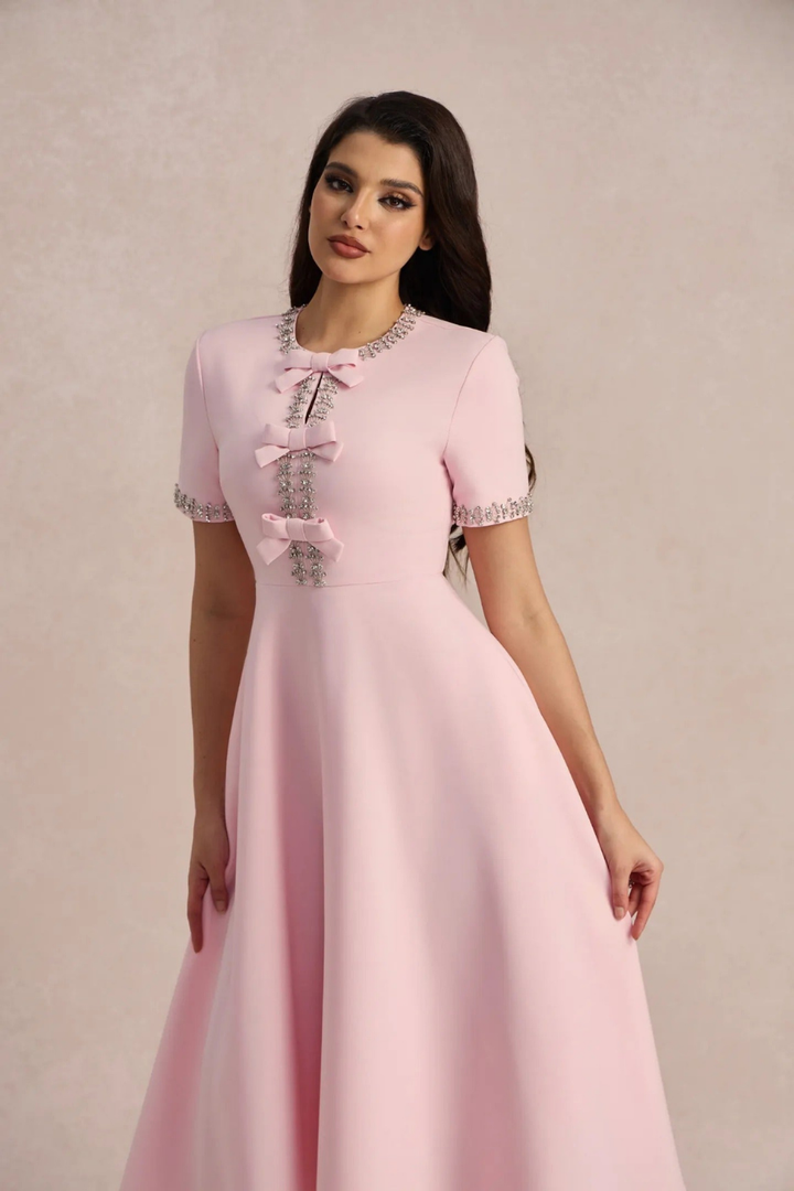 Blossom | Women's Stretch Pink Bow Detail A-Line Midi Cocktail Dress