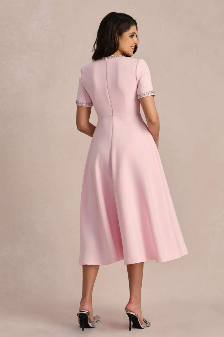 Blossom | Women's Stretch Pink Bow Detail A-Line Midi Cocktail Dress