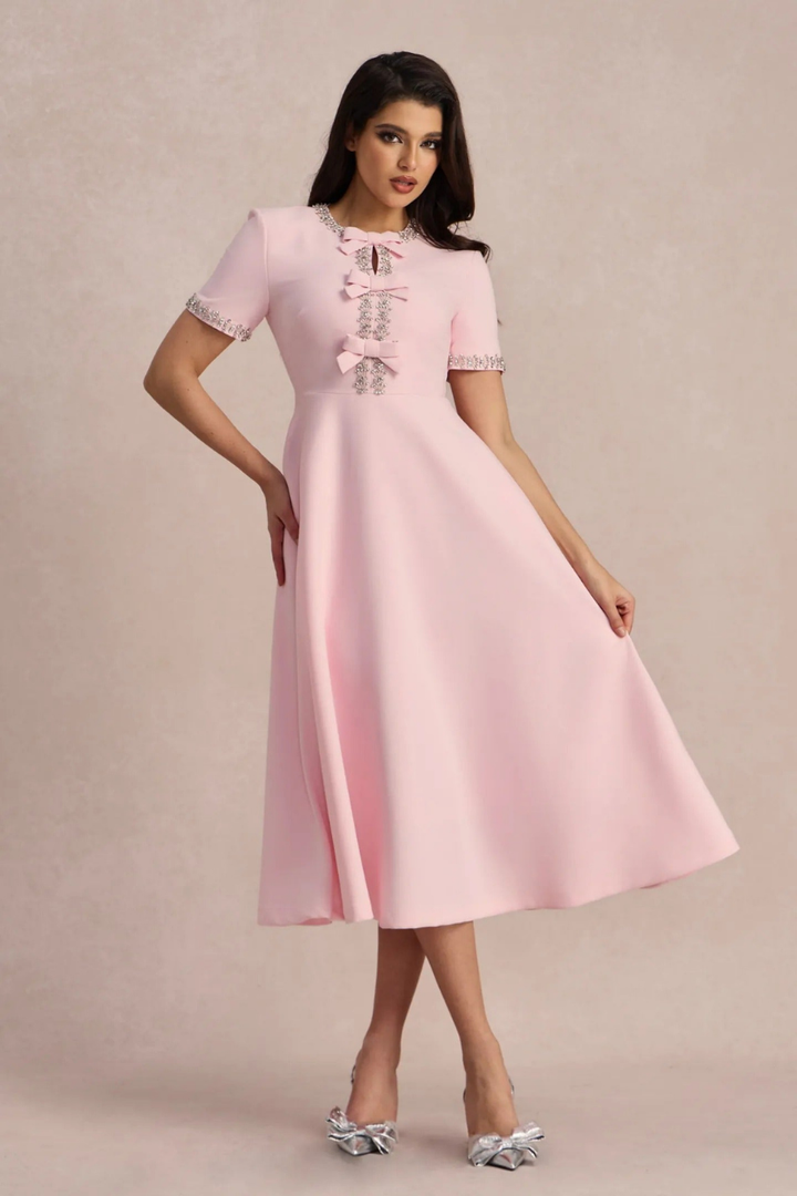 Blossom | Women's Stretch Pink Bow Detail A-Line Midi Cocktail Dress