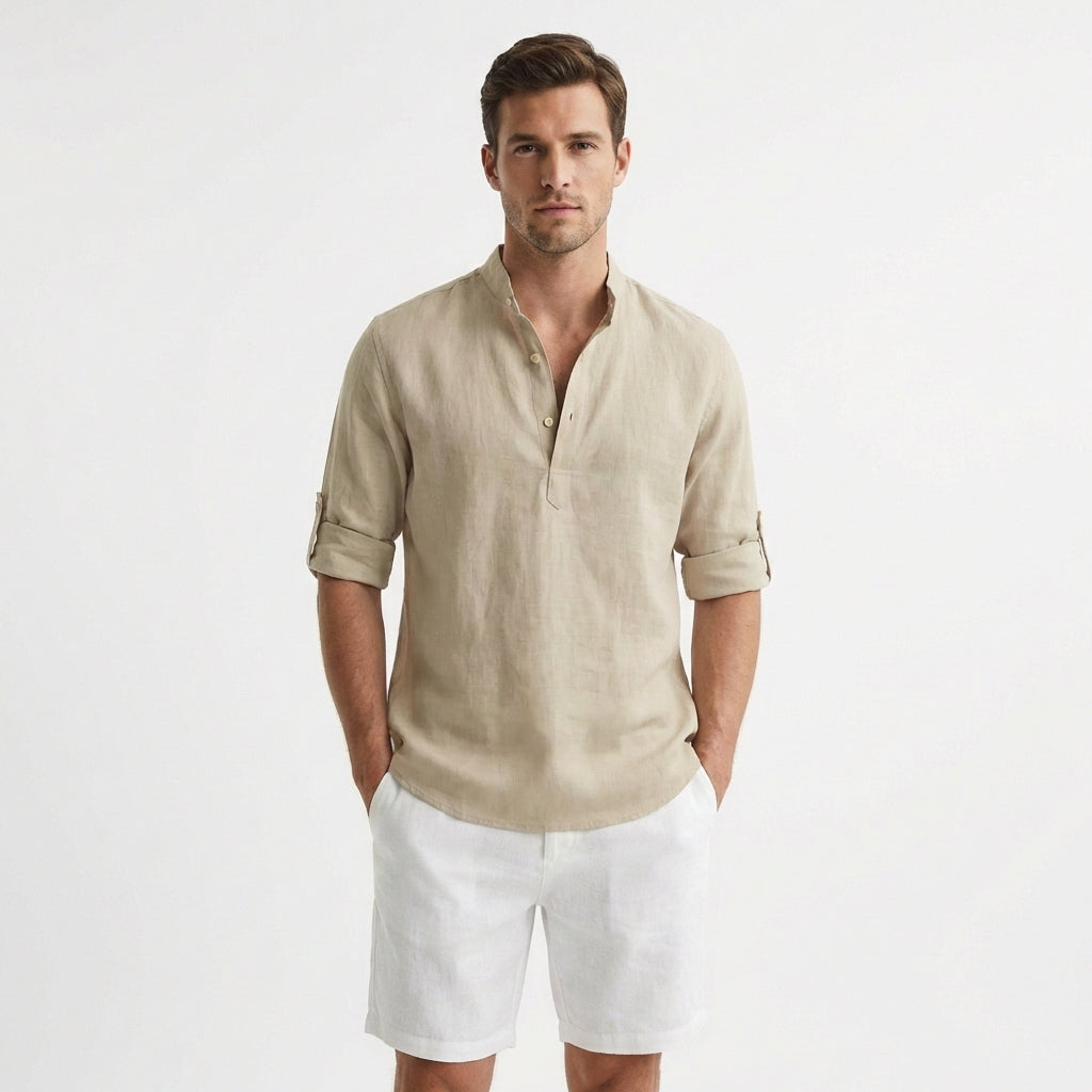 Callum | Men's Linen Henley Collar Roll-Sleeve Casual Shirt