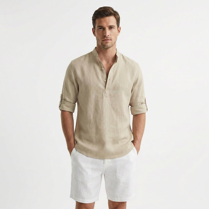 Callum | Men's Linen Henley Collar Roll-Sleeve Casual Shirt