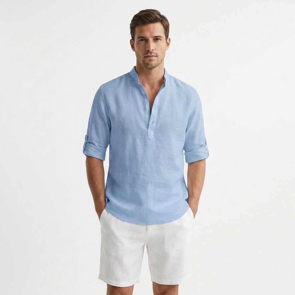 Callum | Men's Linen Henley Collar Roll-Sleeve Casual Shirt