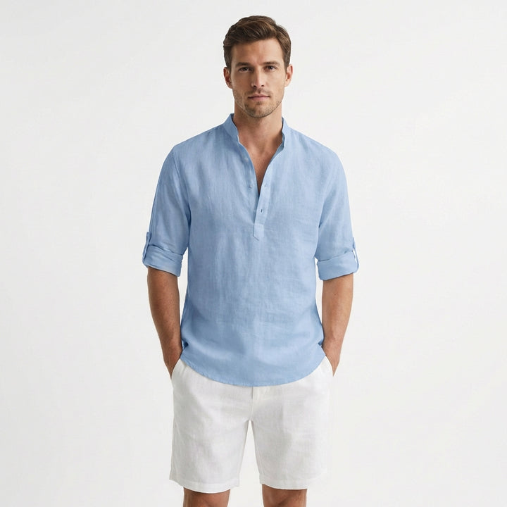 Callum | Men's Linen Henley Collar Roll-Sleeve Casual Shirt