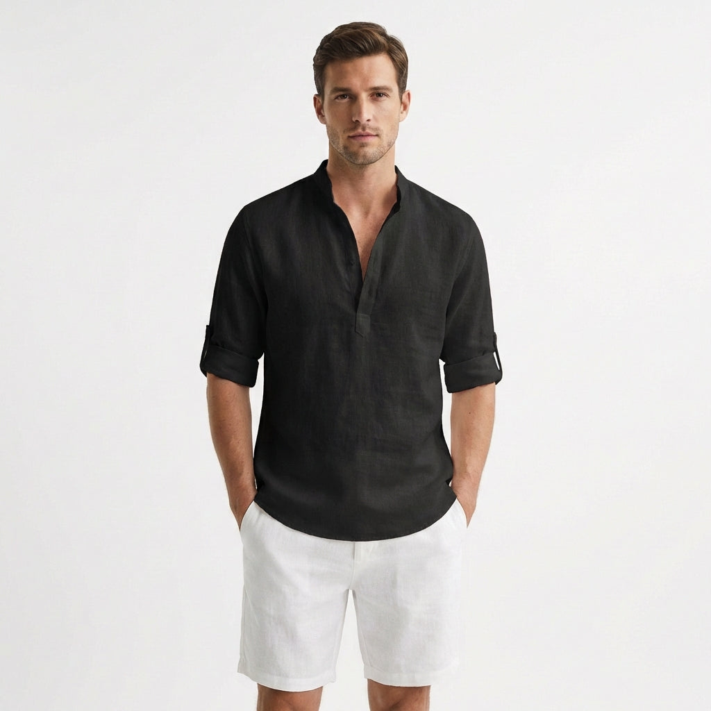 Callum | Men's Linen Henley Collar Roll-Sleeve Casual Shirt