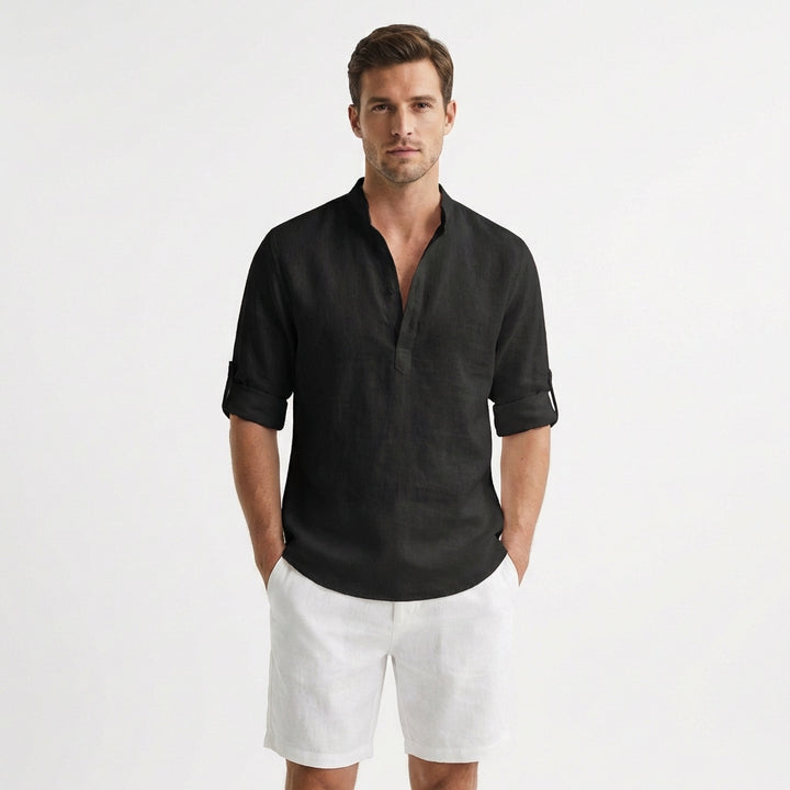 Callum | Men's Linen Henley Collar Roll-Sleeve Casual Shirt