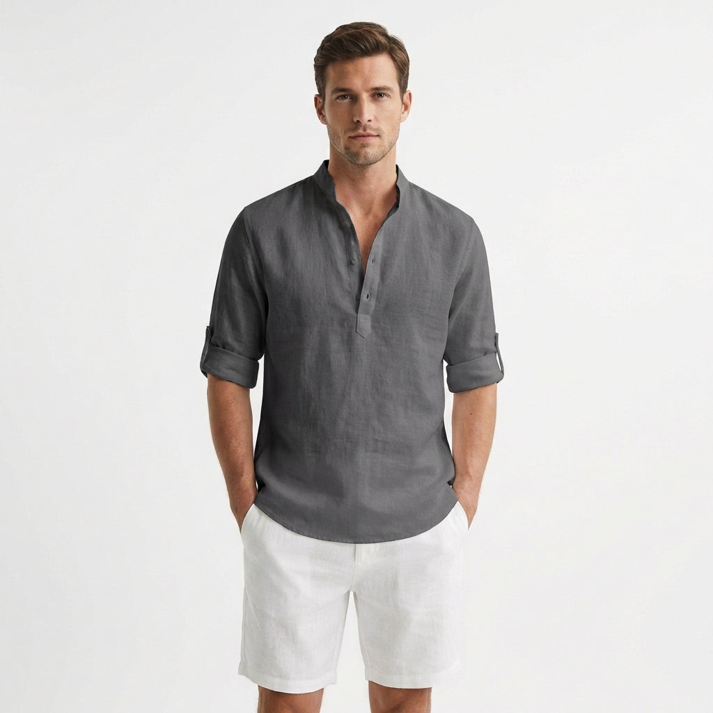 Callum | Men's Linen Henley Collar Roll-Sleeve Casual Shirt