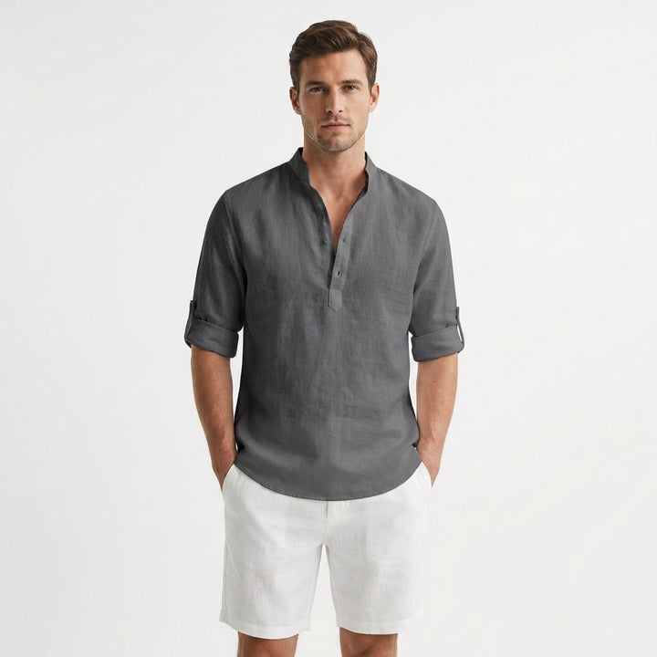 Callum | Men's Linen Henley Collar Roll-Sleeve Casual Shirt