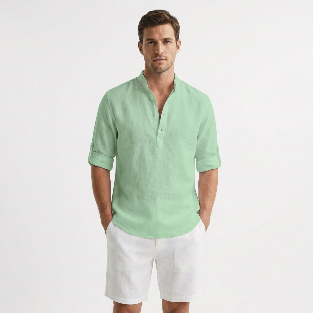 Callum | Men's Linen Henley Collar Roll-Sleeve Casual Shirt