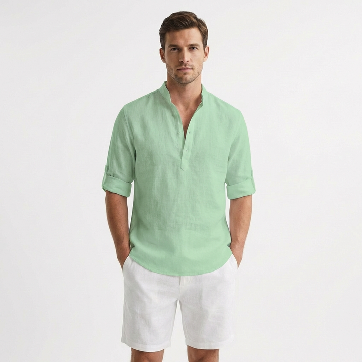 Callum | Men's Linen Henley Collar Roll-Sleeve Casual Shirt