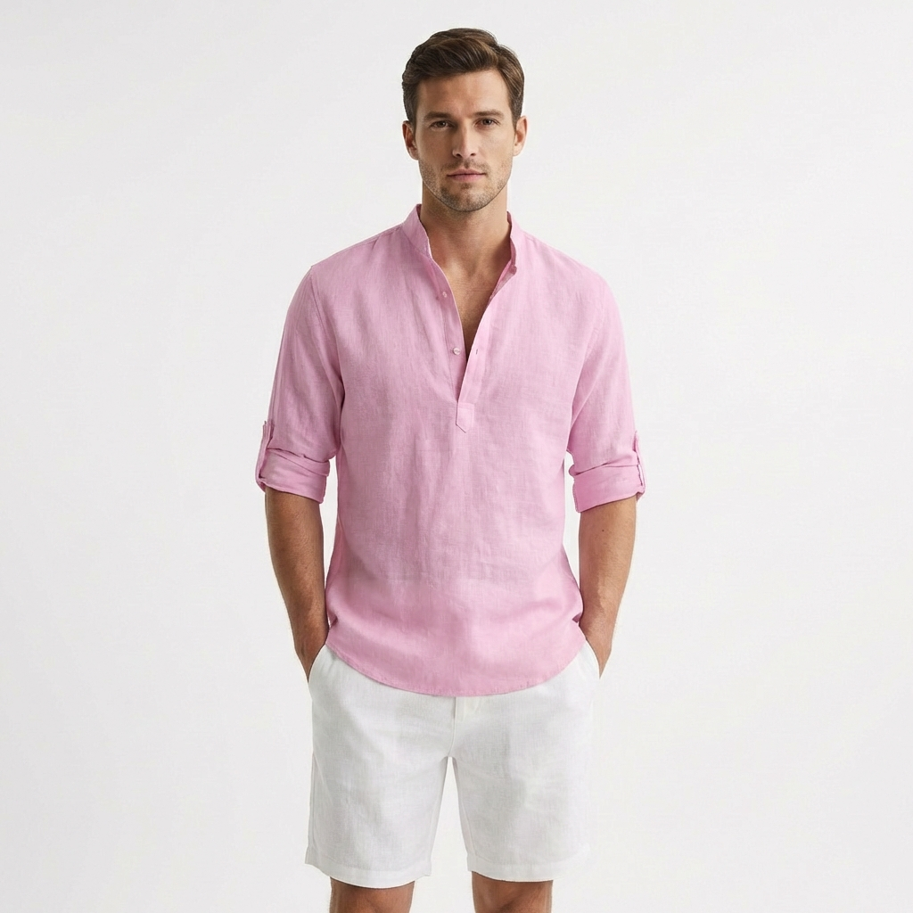 Callum | Men's Linen Henley Collar Roll-Sleeve Casual Shirt