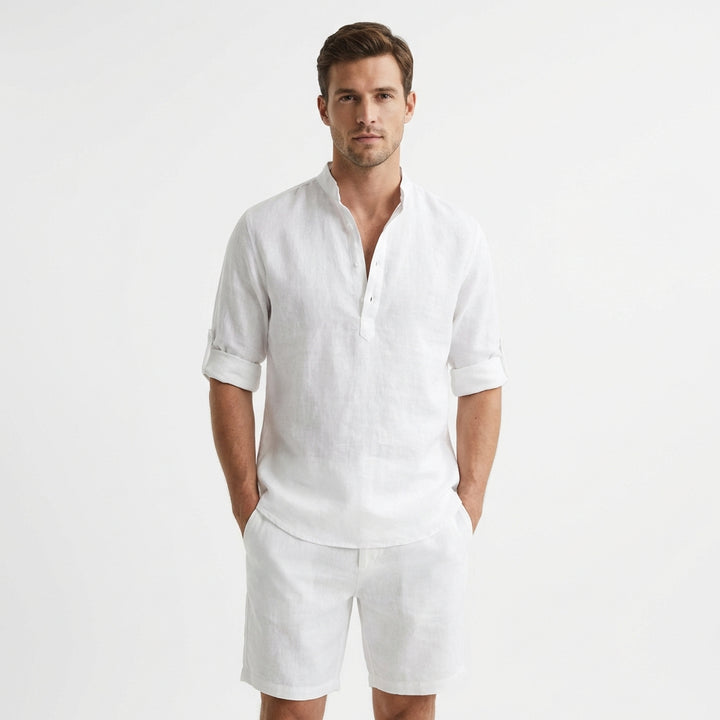 Callum | Men's Linen Henley Collar Roll-Sleeve Casual Shirt