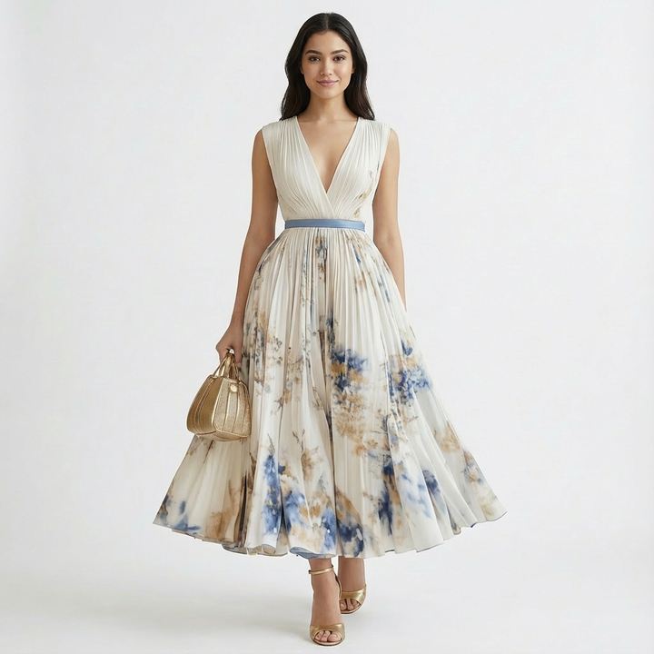 Celeste | Women White Dress With Pleated Skirt | Maxi