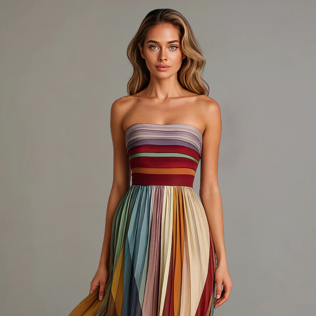 Cleo | Women's Chiffon Multicolour Stripe Strapless Pleated Maxi Dress