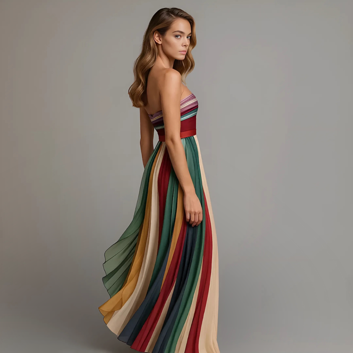 Cleo | Women's Chiffon Multicolour Stripe Strapless Pleated Maxi Dress