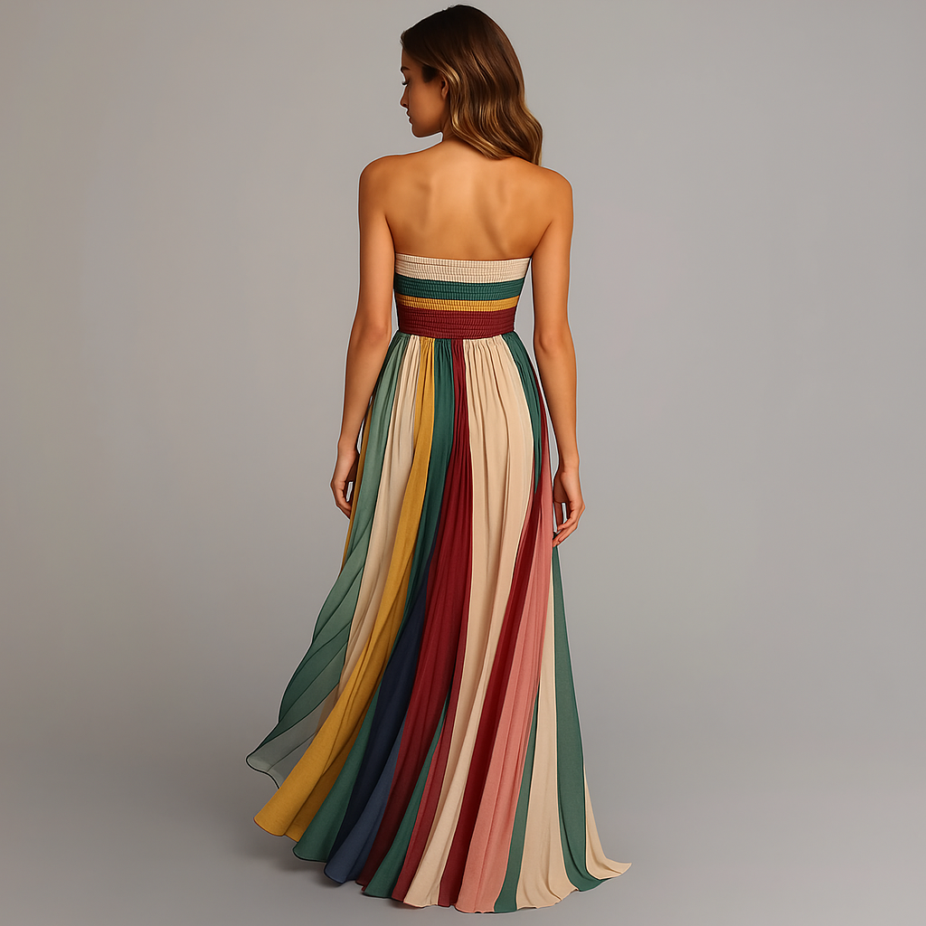 Cleo | Women's Chiffon Multicolour Stripe Strapless Pleated Maxi Dress