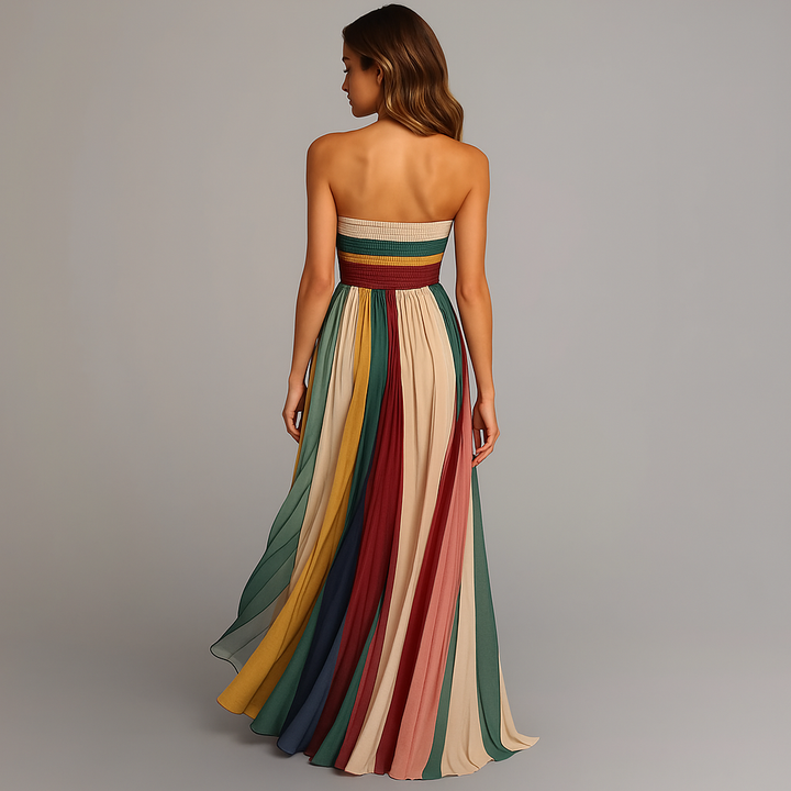 Cleo | Women's Chiffon Multicolour Stripe Strapless Pleated Maxi Dress