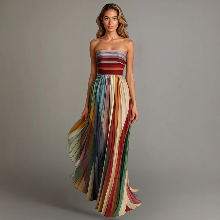 Cleo | Women's Chiffon Multicolour Stripe Strapless Pleated Maxi Dress