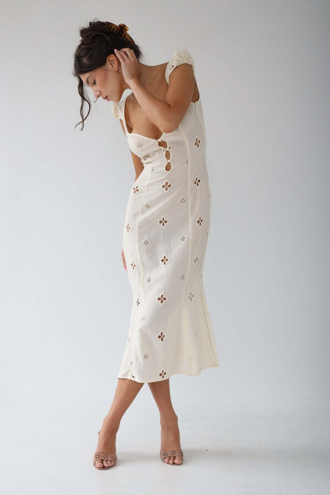 Clover | Women's Linen Flutter Sleeve Midi Wedding Guest Dress