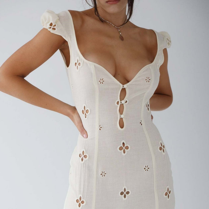 Clover | Women's Linen Flutter Sleeve Midi Wedding Guest Dress