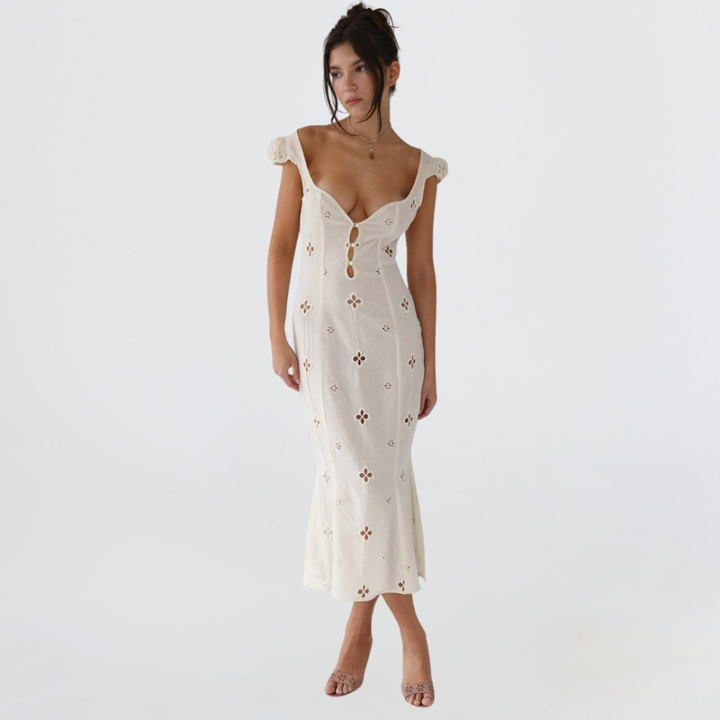 Clover | Women's Linen Flutter Sleeve Midi Wedding Guest Dress