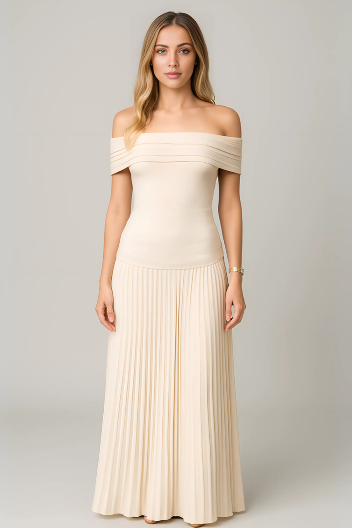 Cressida | Women's Stretch Off-Shoulder Pleated Maxi Wedding Guest Dress