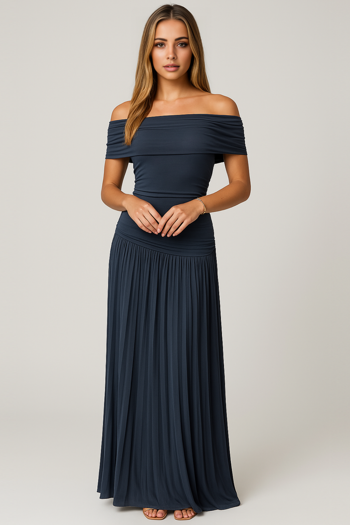 Cressida | Women's Stretch Off-Shoulder Pleated Maxi Wedding Guest Dress