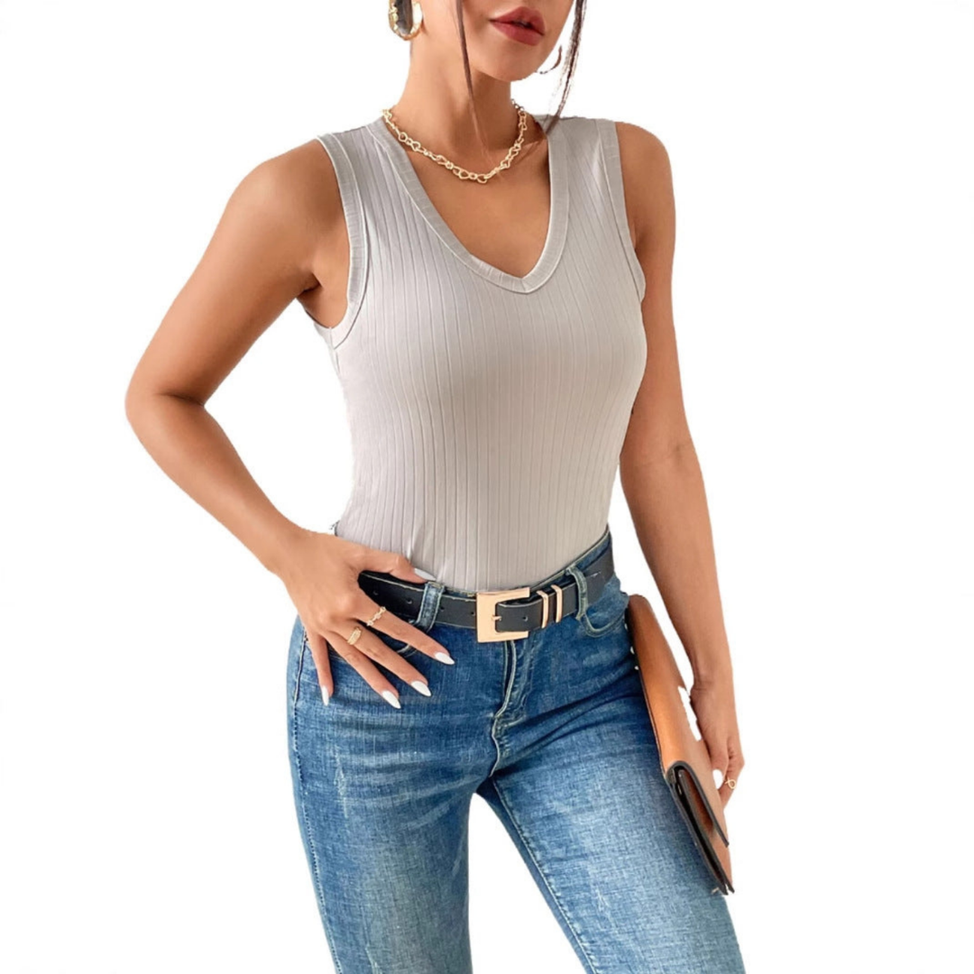 Faye | Women's Light Grey Stretch Ribbed V-Neck Tank Top
