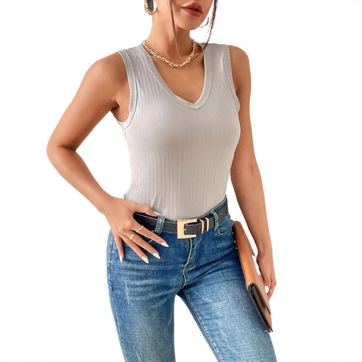 Faye | Women's Light Grey Stretch Ribbed V-Neck Tank Top