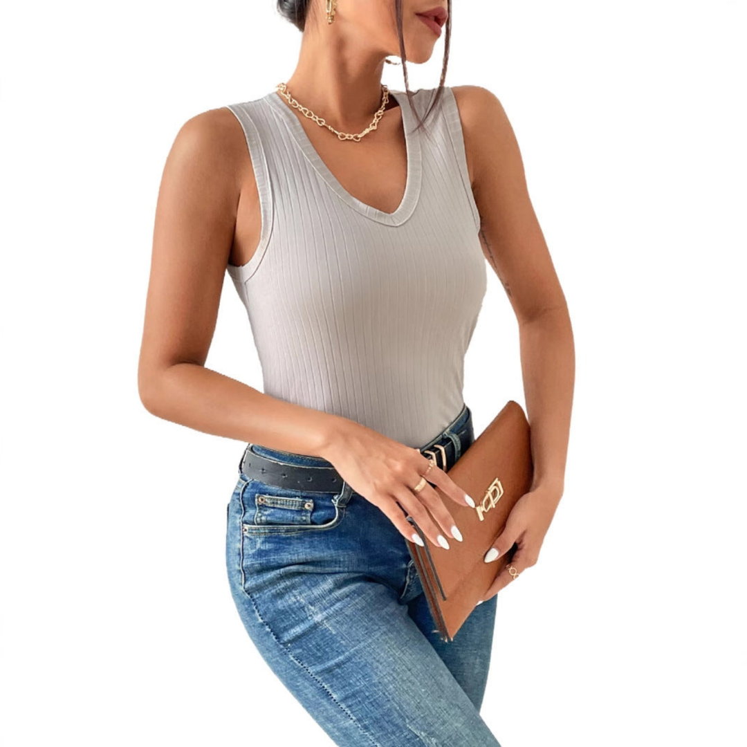 Faye | Women's Light Grey Stretch Ribbed V-Neck Tank Top