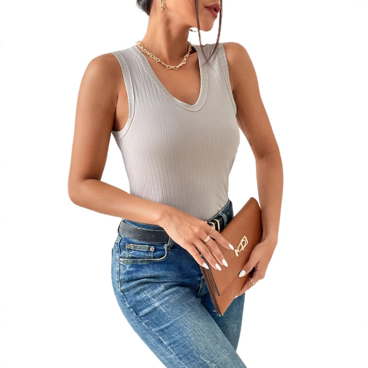 Faye | Women's Light Grey Stretch Ribbed V-Neck Tank Top