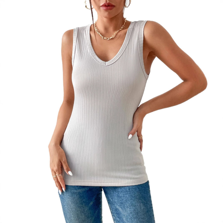 Faye | Women's Light Grey Stretch Ribbed V-Neck Tank Top