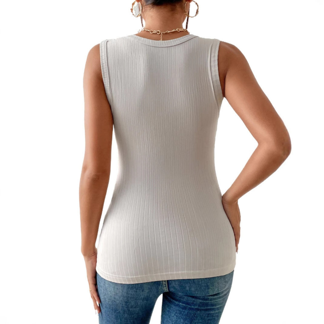 Faye | Women's Light Grey Stretch Ribbed V-Neck Tank Top