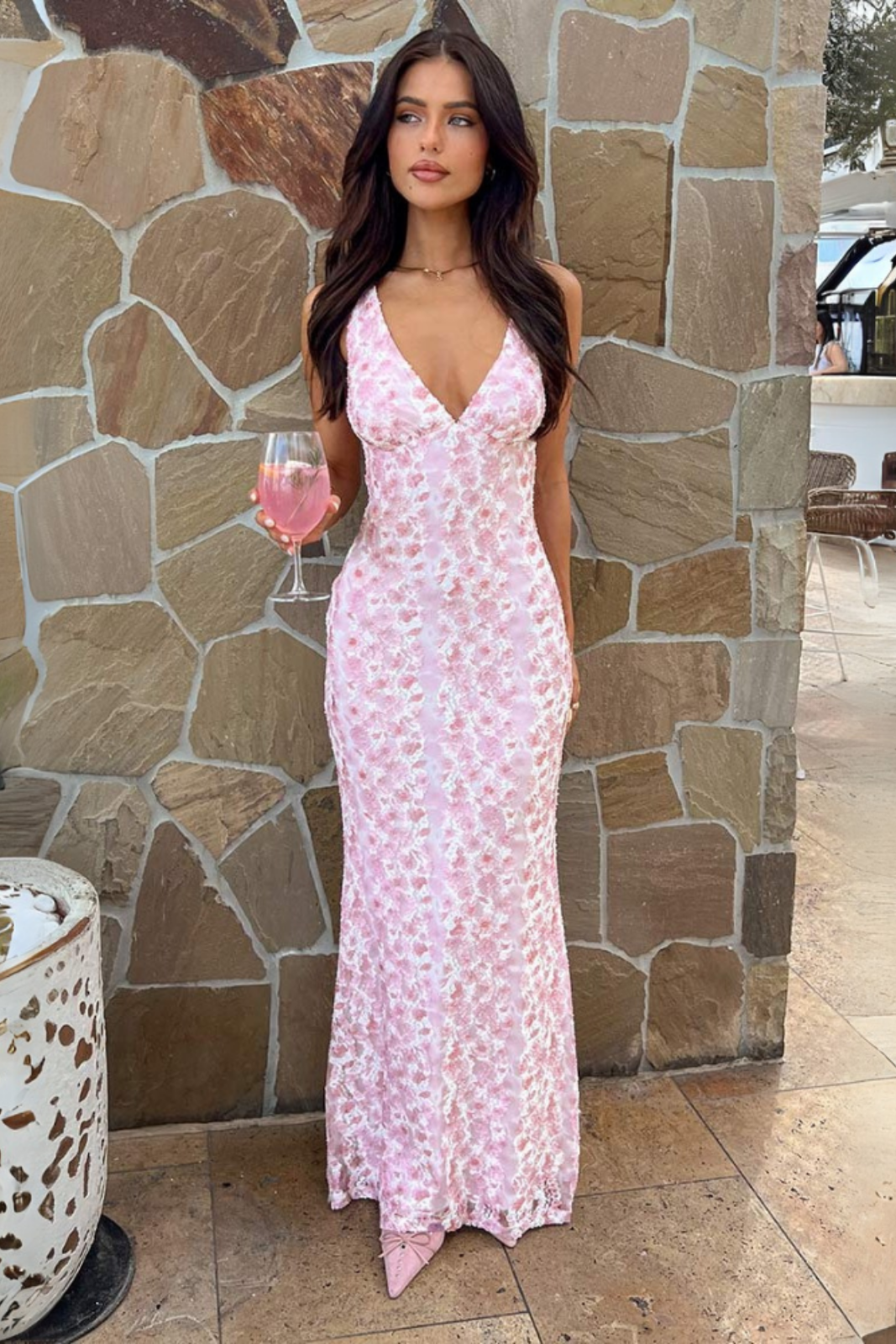 Florette | Women's Lace V-Neck Maxi Wedding Guest Dress