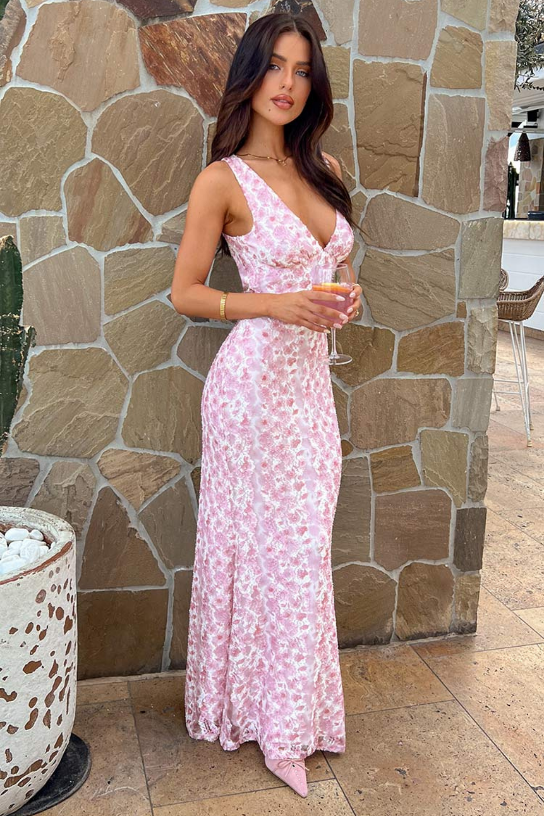 Florette | Women's Lace V-Neck Maxi Wedding Guest Dress