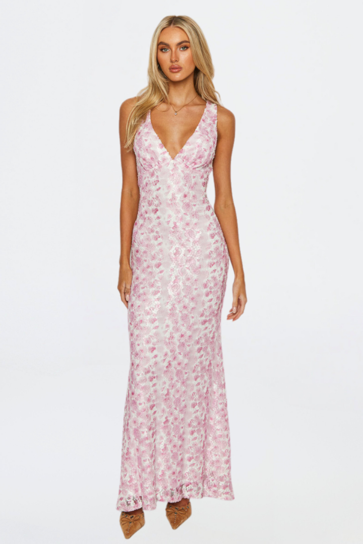 Florette | Women's Lace V-Neck Maxi Wedding Guest Dress