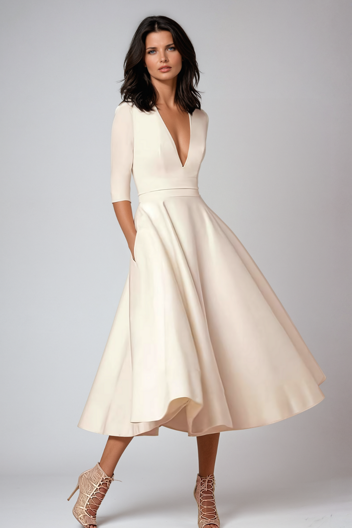 Genevieve | Women's Breathable Deep V-Neck Full Skirt Midi Wedding Guest Dress