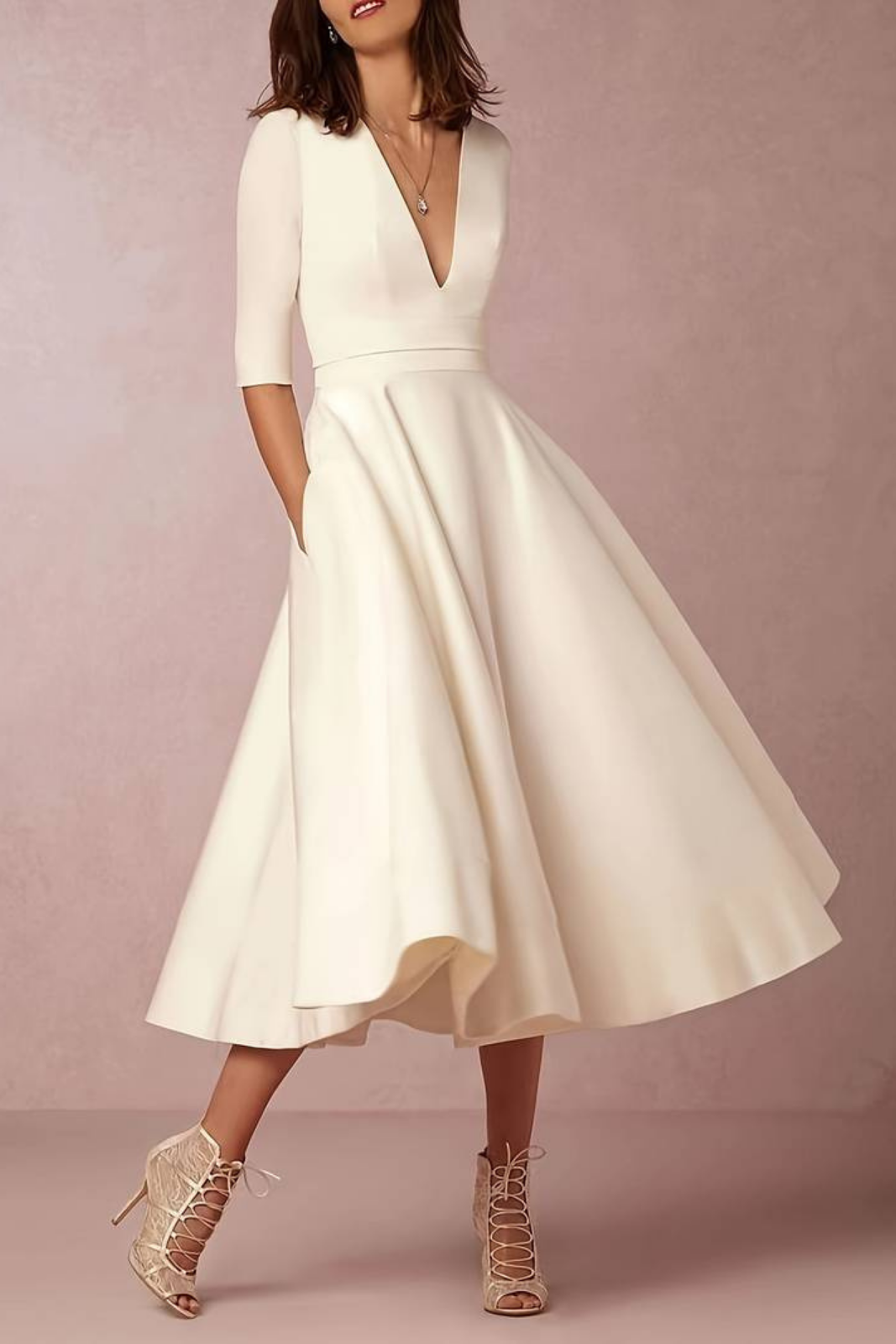 Genevieve | Women's Breathable Deep V-Neck Full Skirt Midi Wedding Guest Dress