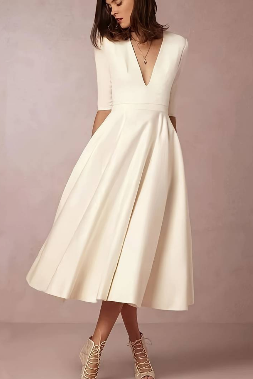 Genevieve | Women's Breathable Deep V-Neck Full Skirt Midi Wedding Guest Dress
