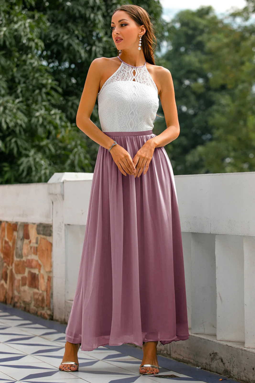 Isadora | Women's Chiffon Lace Halter Neck Wedding Guest Dress