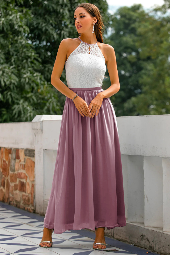 Isadora | Women's Chiffon Lace Halter Neck Wedding Guest Dress