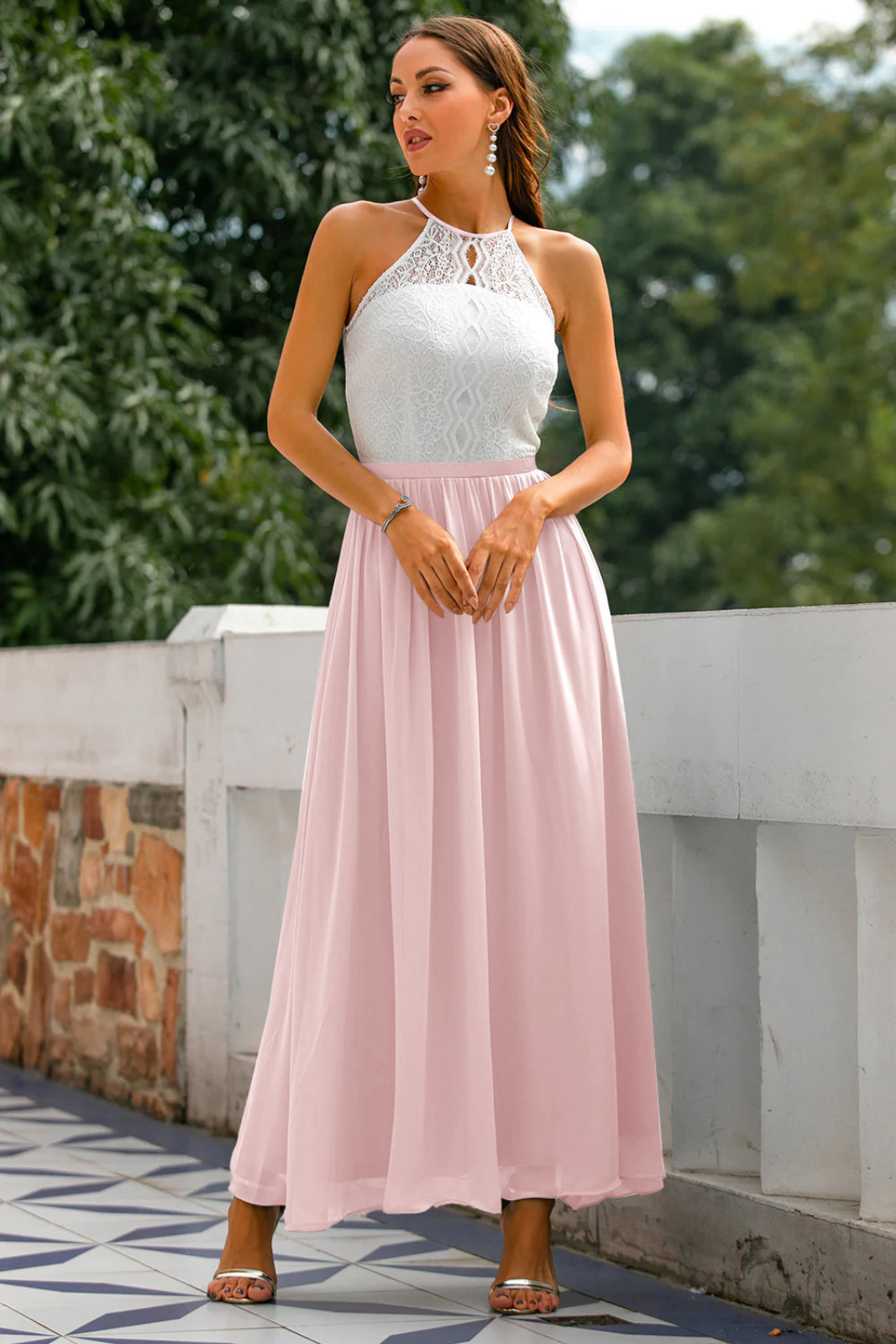 Isadora | Women's Chiffon Lace Halter Neck Wedding Guest Dress