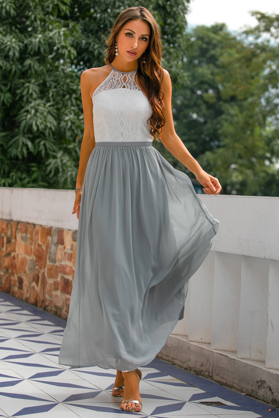 Isadora | Women's Chiffon Lace Halter Neck Wedding Guest Dress