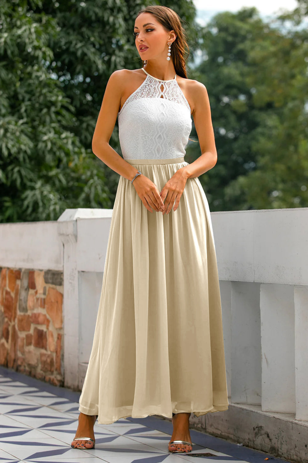 Isadora | Women's Chiffon Lace Halter Neck Wedding Guest Dress