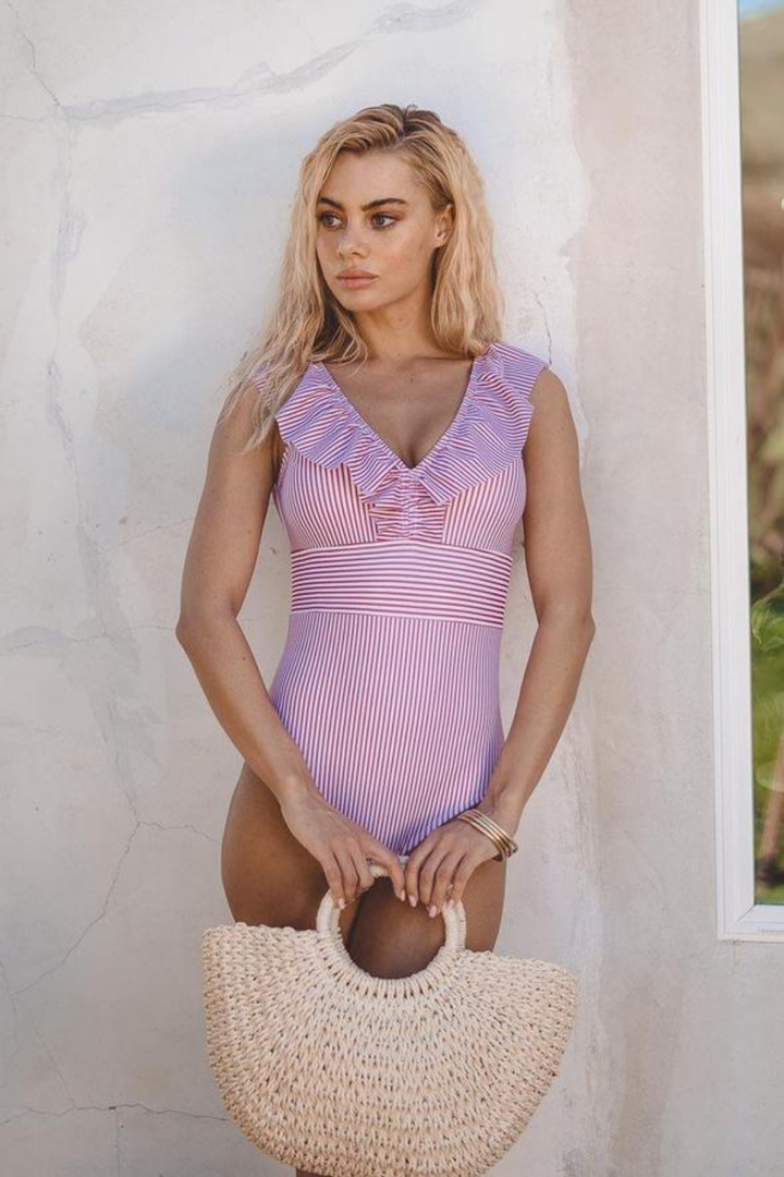 Isla | Women's Stretch Stripe Ruffle V-Neck Swimsuit
