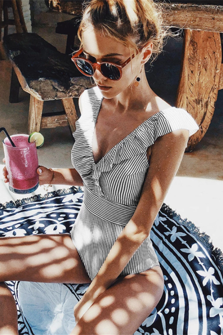 Isla | Women's Stretch Stripe Ruffle V-Neck Swimsuit