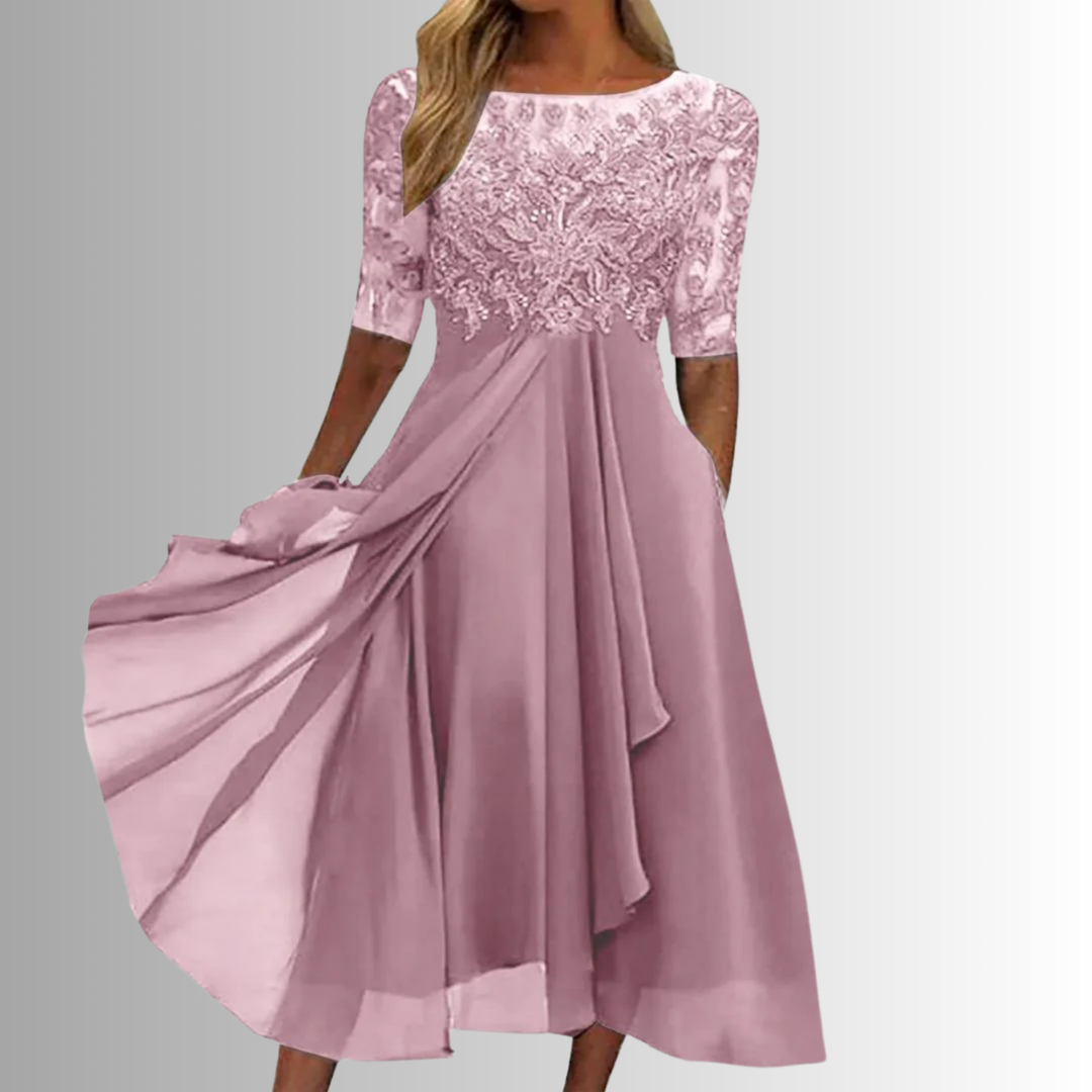 Isolde | Women's Chiffon Lace Bodice Midi Dress