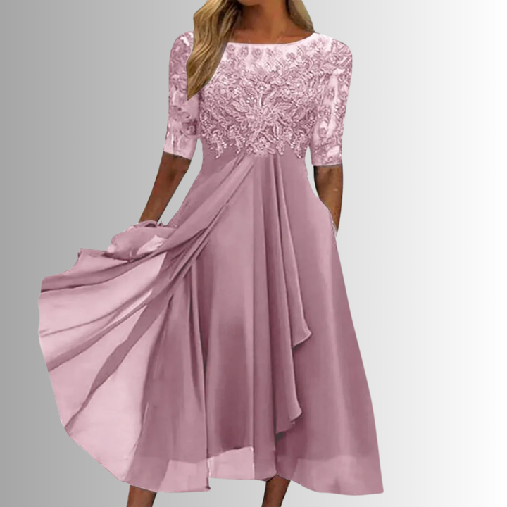 Isolde | Women's Chiffon Lace Bodice Midi Dress